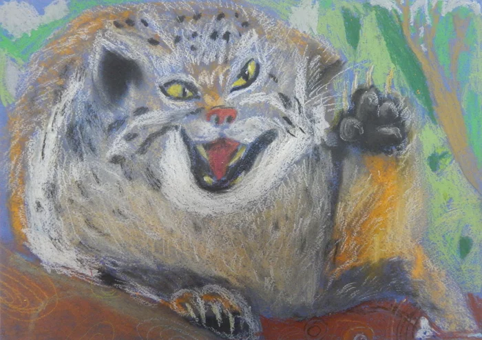 All-Russian competition Animals of the Red Book of Russia - Pet the cat, Pallas' cat, Small cats, Cat family, Predatory animals, Mammals, Animals, Wild animals, Creation, Children's drawings, Longpost