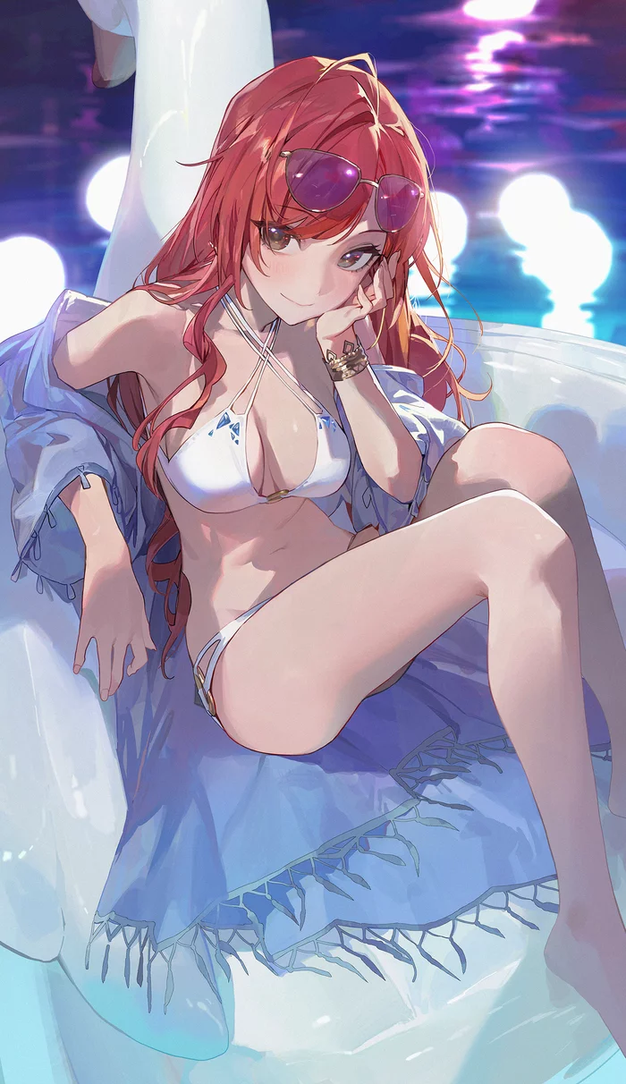 Natsuha Arisugawa - NSFW, Anime art, Anime, Girls, Drawing, Pixiv, Swimsuit, Inflatable mattress, Bikini, Sunglasses, The idolmaster, Idolmaster shiny colors, Arisugawa natsuha, Hips