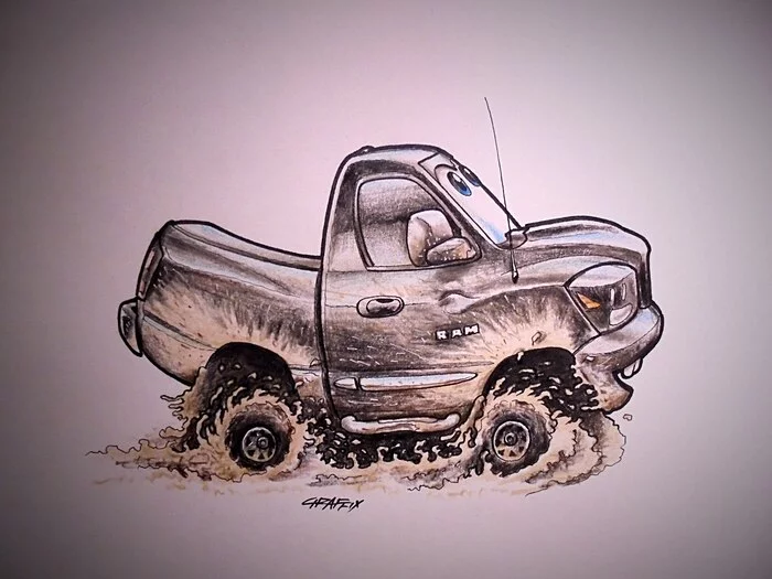 Pickups. cartoons - My, Pencil drawing, Drawing, American auto industry, Colour pencils, Sketch, Cartoon, Chevrolet, Dodge, Pickup, Datsun, Longpost, Ford