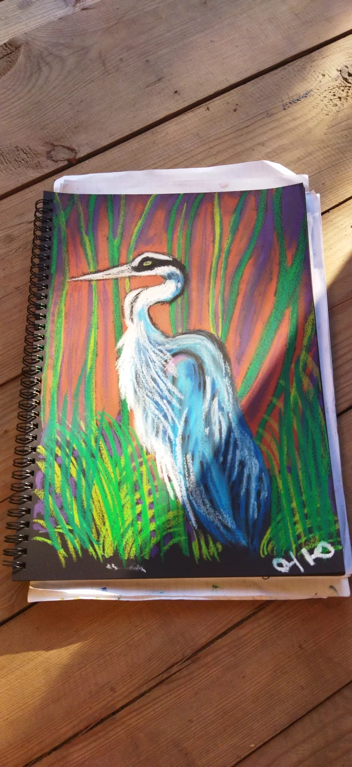 Tsap... Tsap... Heron - My, Oil pastel, Beginner artist, Crooked hands, Longpost