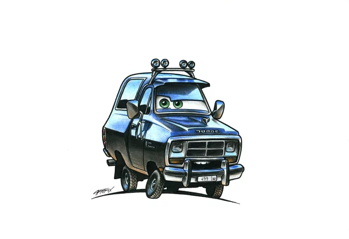Car portraits. Caricatures - Pickup Truck, Longpost, Pencil drawing, Drawing, Cartoon, Milota, Portrait by photo, Colour pencils, Dodge
