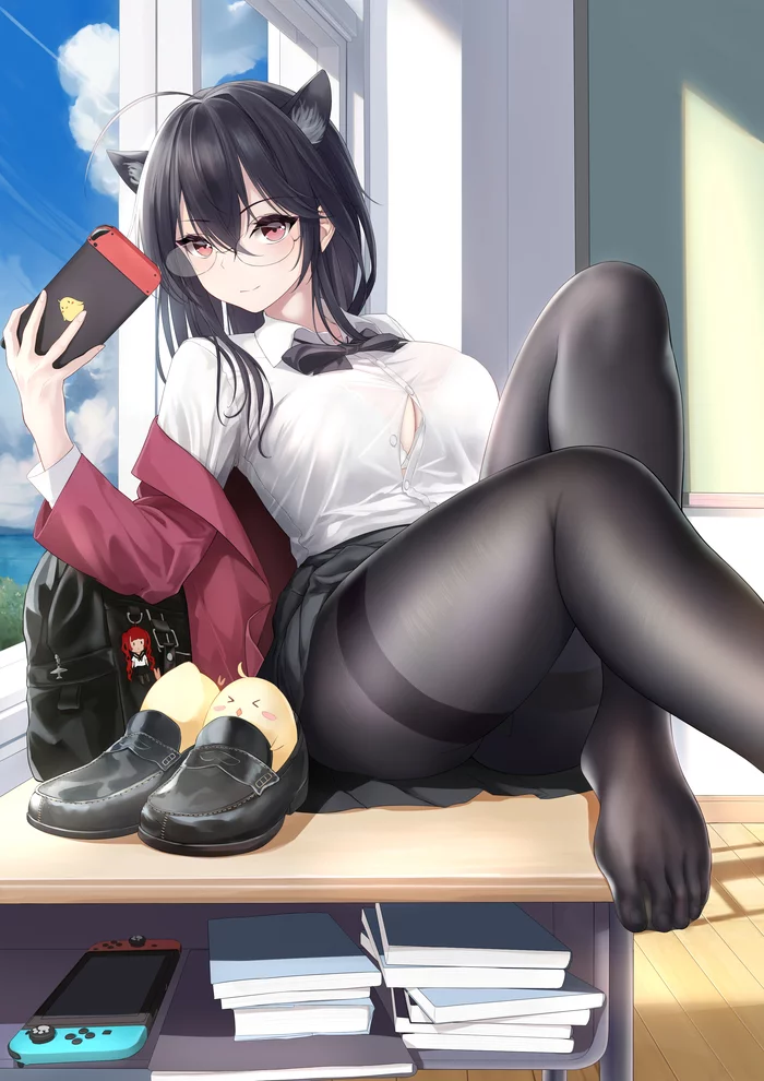 Taihou - NSFW, Erotic, Art, Taihou, Azur lane, Boobs, Girls, Hand-drawn erotica, Tights, Glasses, Nintendo switch, Textbook, Desk, Skirt, Shirt, Animal ears, Longpost, Anime art