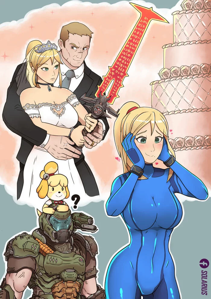 Samus and Doomguy - Games, Samus aran, Doom, Art, Animal crossing, Metroid