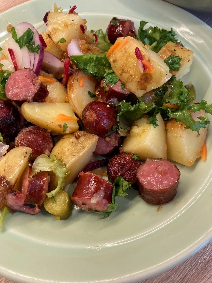 Potato salad with sausages - My, Video recipe, Preparation, Recipe, Cooking, Dinner, Salad, Food, Video, Youtube, Longpost