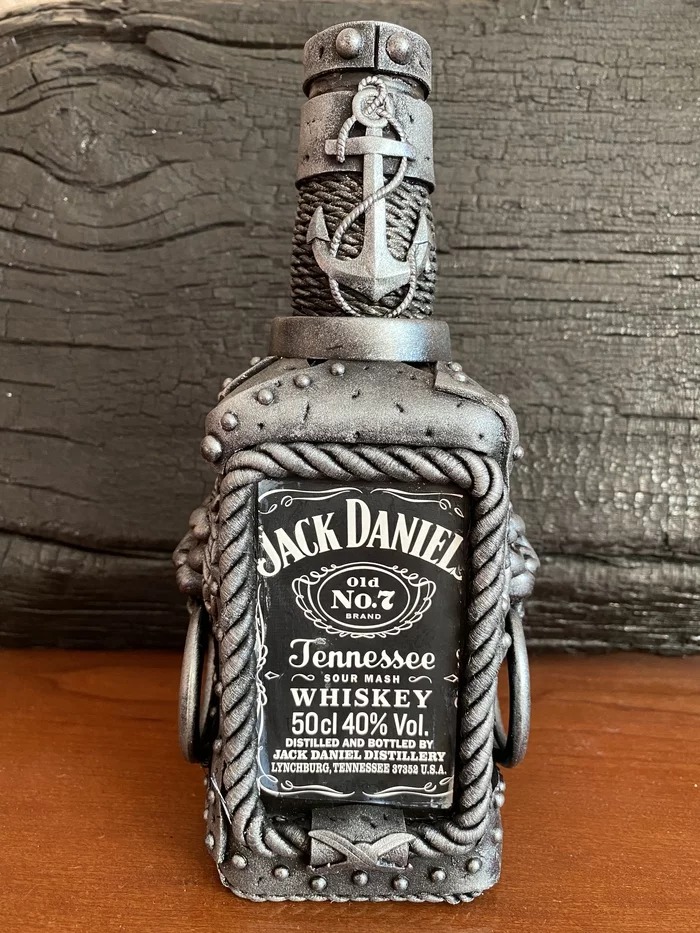 A bottle of jack daniels in a pirate style - My, Whiskey, With your own hands, Needlework without process, Alcohol, Cool, Presents, Pirates, Video, Vertical video, Longpost