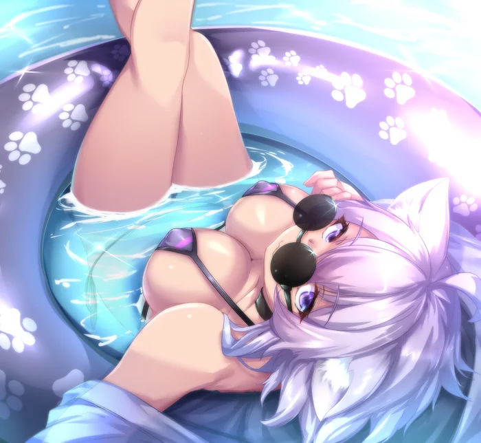 Nekomata Okayu - NSFW, Erotic, Art, Anime art, Nekomata Okayu, Boobs, Girls, Glasses, Swimsuit, Inflatable circle, Water, Virtual youtuber