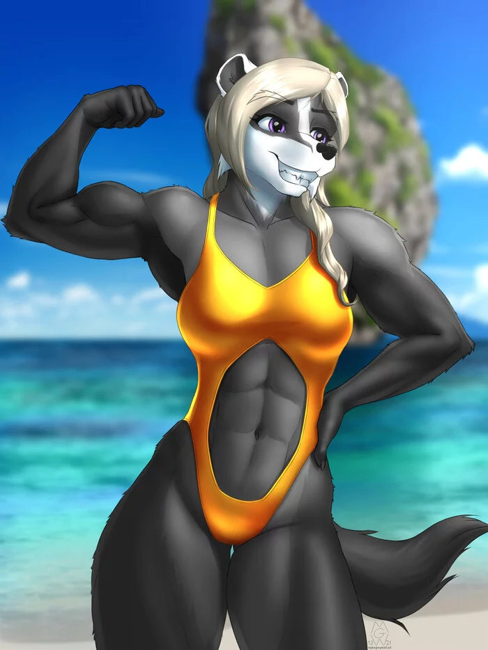 Liz on the beach - Strong girl, Girls, Furry, Anthro, Badger, Muscleart, Biceps, Beach, Swimsuit, Sports girls, Press, Fitonyashka, Original character, Mykegreywolf, Blonde, Art