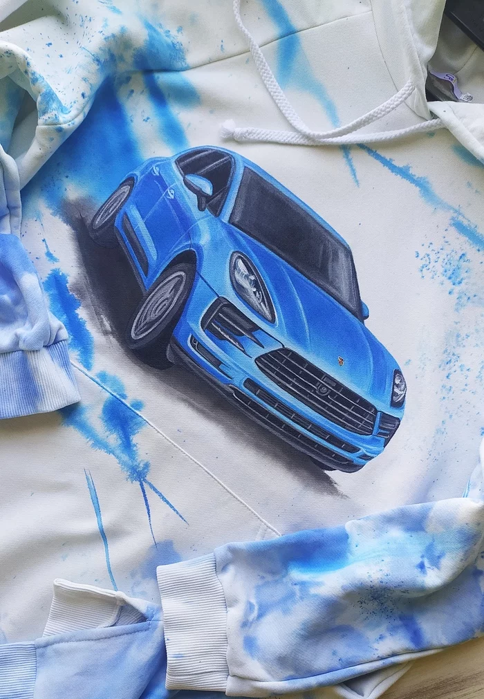 Auto Porsche Macan on a sweatshirt. hand painted - My, Tai Dai, Porsche, Auto, Motorists, Car, With your own hands, Needlework, Painting on fabric, Longpost, Handmade