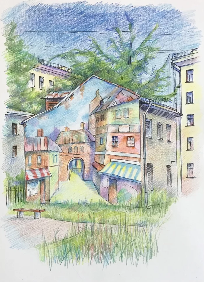 Big Ohta. Parisian courtyard - My, Luboff00, Graphics, Colour pencils, Liner, Okhta, Pencil drawing, Traditional art