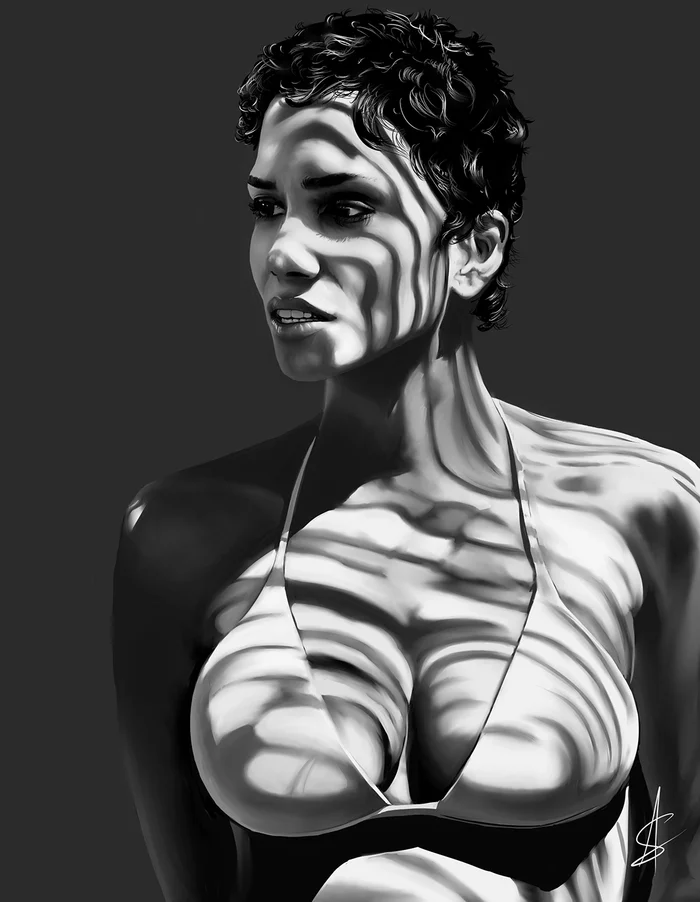 Halle Berry - Drawing, Actors and actresses, Halle Berry, Swimsuit, Girls, Neckline, Art