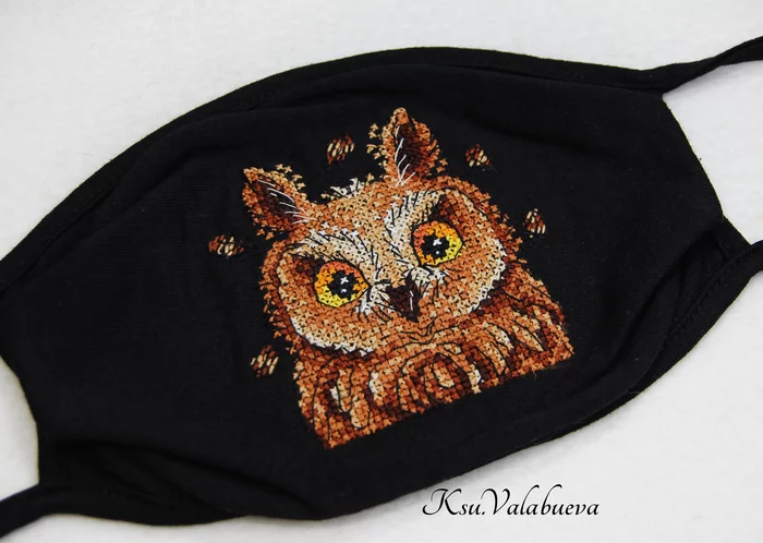Mask with embroidery Owl - My, Embroidery, Cross-stitch, Owl, Mask, Handmade, Needlework, Needlework without process, With your own hands