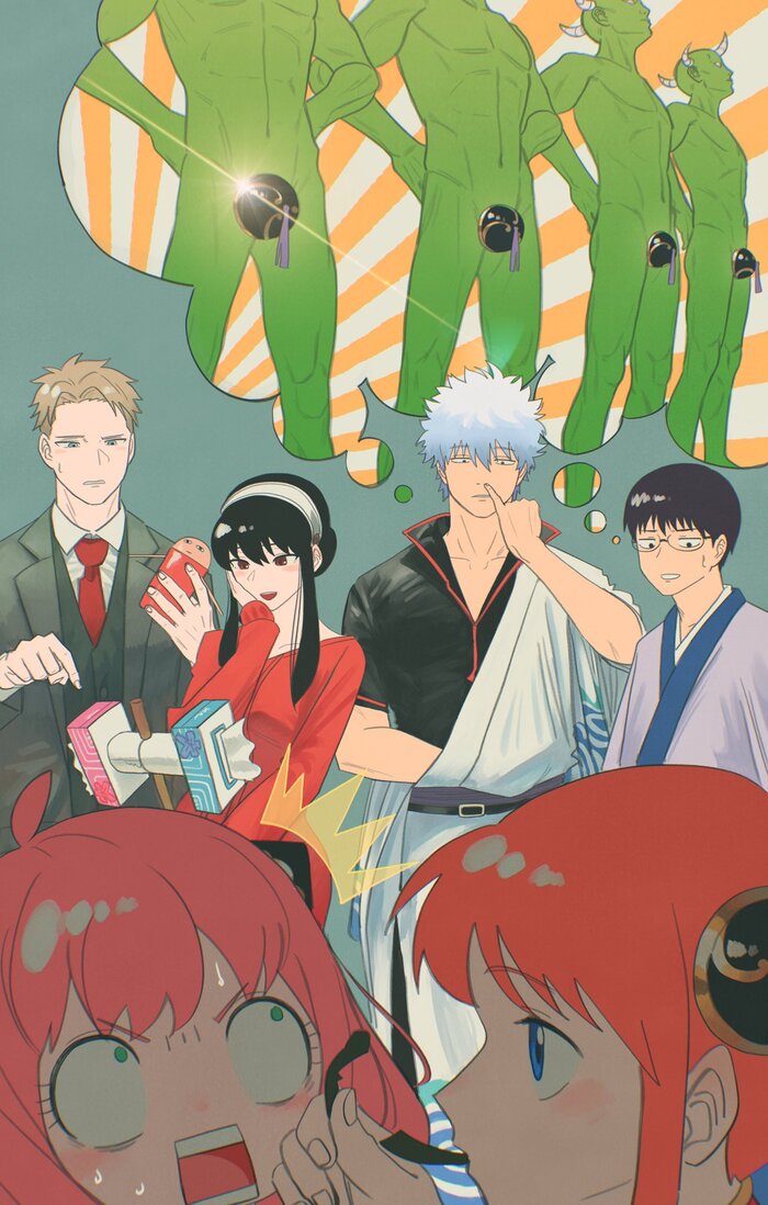Spy x Family &Gintama , , Anime Art, , Spy X Family, Anya Forger, Yor Forger, Loid Forger, Gintama, Kagura, Sakata Gintoki, Shimura Shinpachi, Sadaharu, , Bond Forger