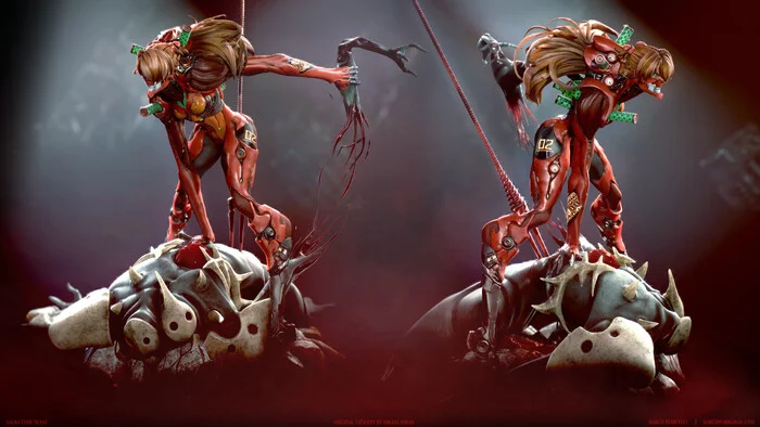 Asuka-Code: The Beast - Арт, Artstation, Аниме, Evangelion, Asuka Langley, 2D, 3D, Видео, Без звука, Длиннопост, Anime Art