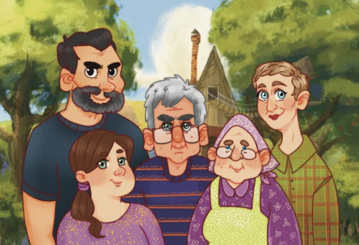 I drew a family portrait on my grandfather - Drawing, Illustrations, Family, Lamp character, My