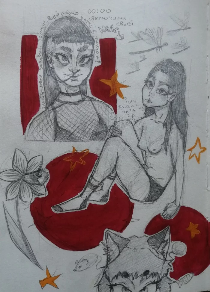 Skntch sheet - My, Drawing, Art, Sketch, Reversal, Gouache, Simple pencil, Girls, Neko