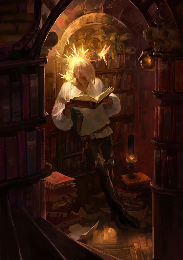 Book lover - Drawing, Library, Books, Scrolls, Guys, Readers, Fairy, Art