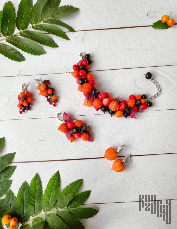Jewelry set Colors of autumn - My, Polymer clay, Decoration, Physalis, Autumn, Earrings, Brooch, A bracelet, Handmade, Needlework, Needlework without process, Longpost, Set