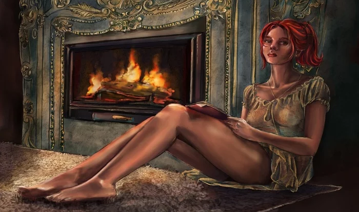 A hot fire blazes in the fireplace... - Endless summer, Visual novel, Diana, Art