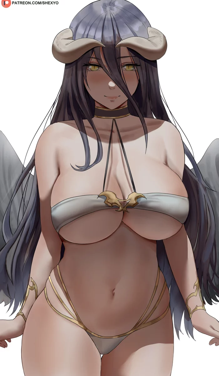 Albedo by  Shexyo - NSFW, Anime, Anime art, Art, Overlord, Albedo, Shexyoart, Girl with Horns, Boobs, Swimsuit, Choker, Nudity, Hand-drawn erotica, Erotic, Longpost, Succubus