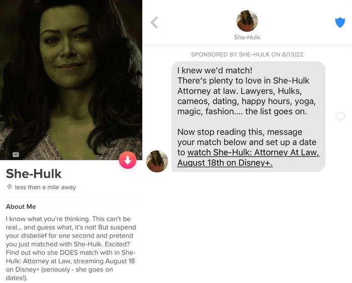 Marvel is promoting its new She-Hulk series via Tinder - Tinder, Marvel, Women, She-Hulk