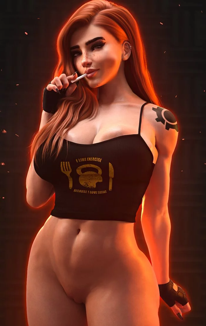 Brigitte - NSFW, Эротика, Арт, Brigitte, Overwatch, Сиськи, Лобок, 3D, Девушки, Спортзал, Спортивная одежда, Штанга, Длиннопост