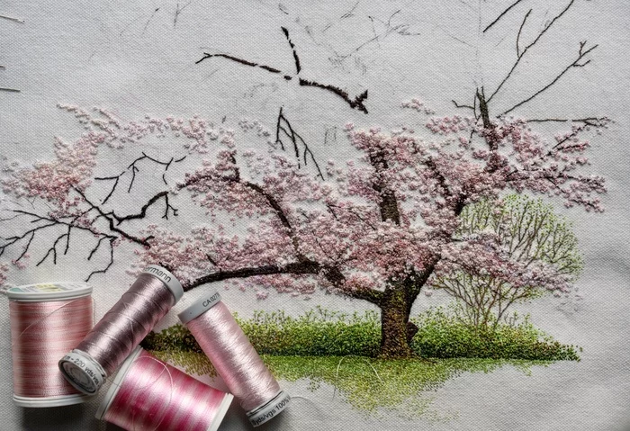 Sakura in progress - My, Sakura, Embroidery, Needlework, With your own hands