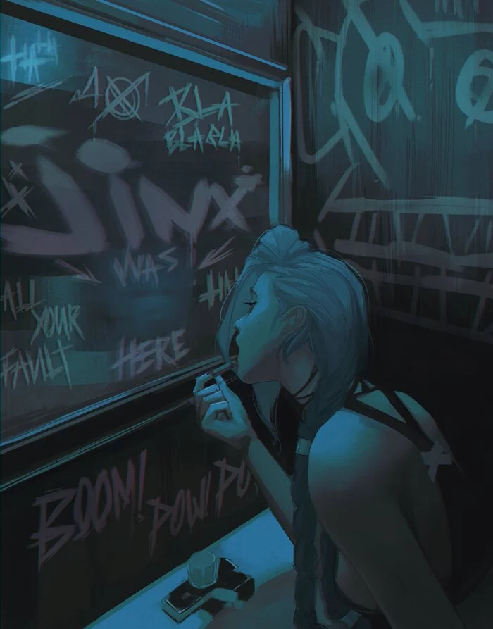 jinx was here - Drawing, League of legends, Arcane, Jinx, Girls, Bathroom, Sink, Mirror, Lipstick, Inscription, Zion, Art