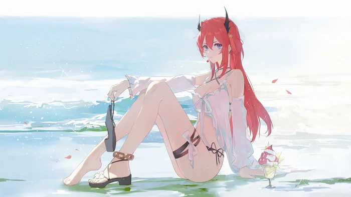 Surtr - NSFW, Anime, Art, Anime art, Arknights, Surtr, Beach, Sea