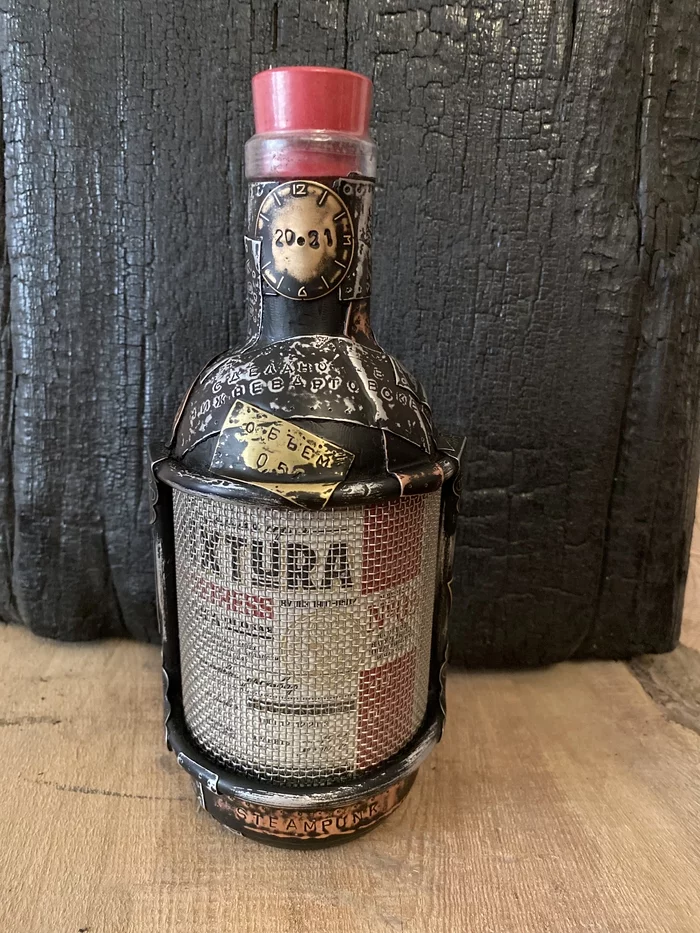 Dieselpunk metal vodka bottle - My, Alcohol, Vodka, Dieselpunk, Cool, With your own hands, Needlework, Presents, Video, Soundless, Longpost, Needlework without process