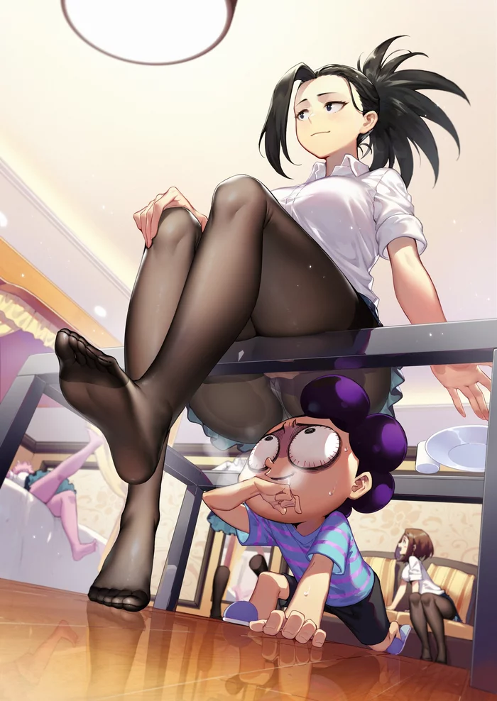 He will die happy - NSFW, Anime, Anime art, Boku no hero academia, Mineta Minoru, Yaoyorozu momo, Ashido mina, Uraraka ochako, Hagakure Tooru, Tights, Legs, Pantsu