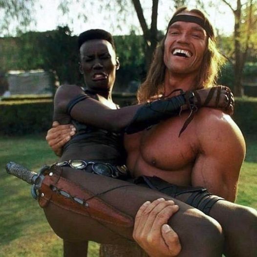 Arnold Schwarzenegger and Grace Jones (1984) - The photo, Movies, 80-е, Arnold Schwarzenegger, Grace Jones, Conan the barbarian, Classic, Photos from filming, Actors and actresses, Black people