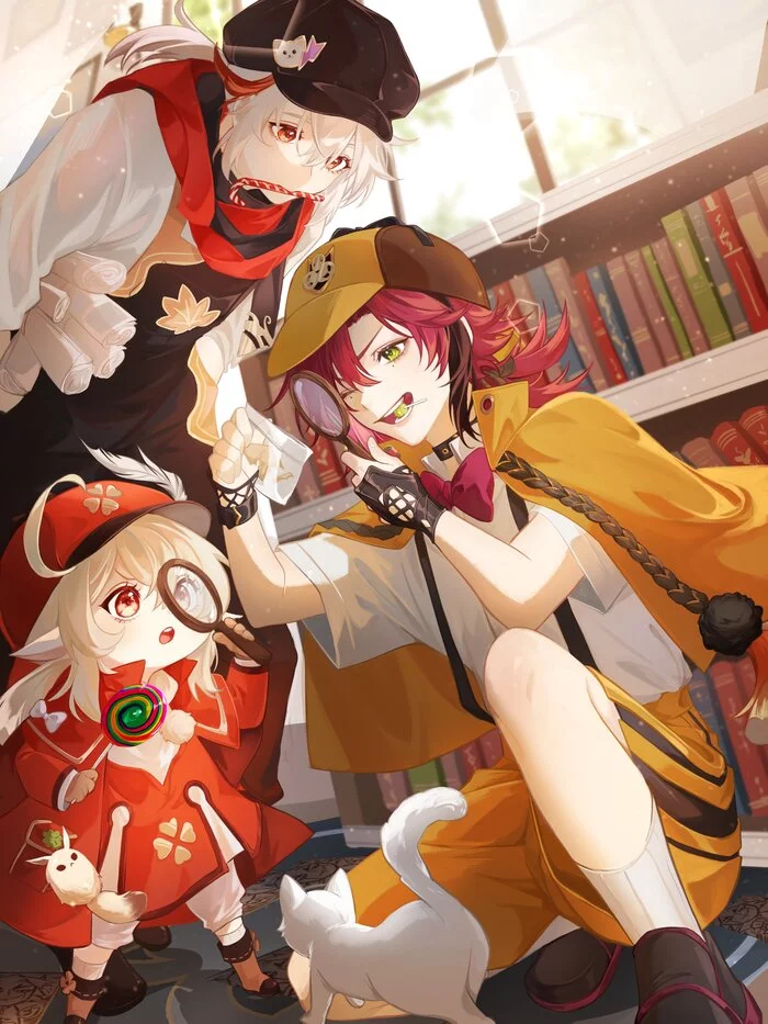 Troika of detectives - Genshin impact, Art, Anime art, Klee, Kaedehara Kazuha, Shikanoin Heizou