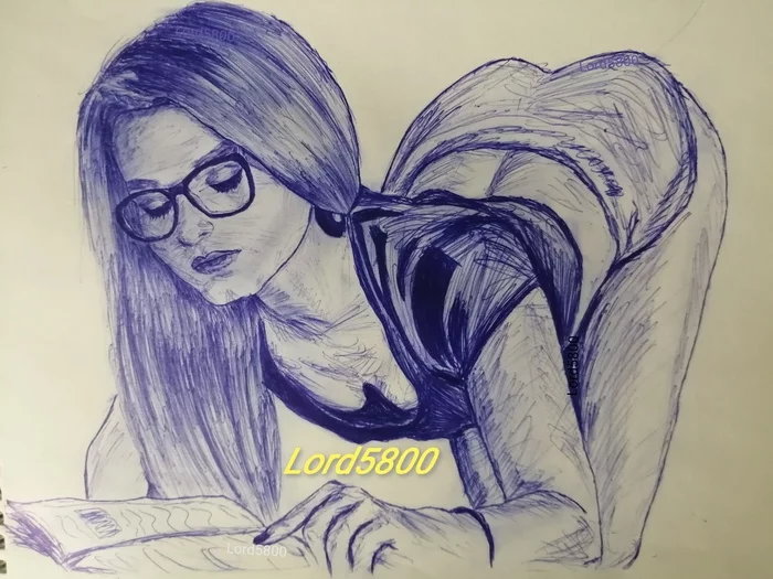 Girl with book, Lord5800 Lord5800 - My, Pen drawing, Ball pen, Girl in glasses, Painting, Girls, Portrait by photo
