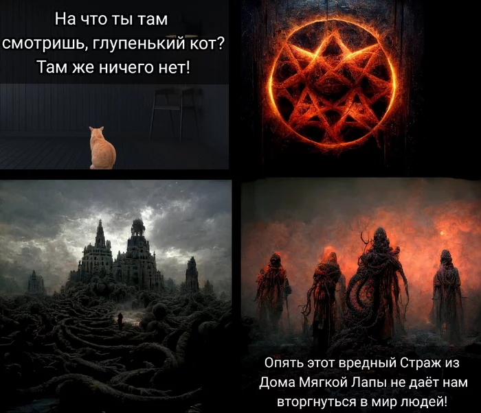 The Destiny of All Guardians of the House of Gentlepaw - My, Memes, cat, Howard Phillips Lovecraft, Demon, Portal, Midjourney, Нейронные сети, Picture with text, Images