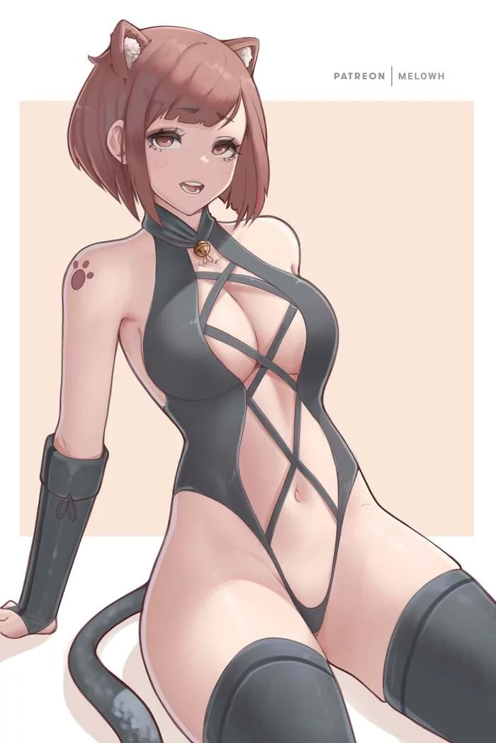 Neko Ochako - NSFW, Anime, Anime art, Boku no hero academia, Melowh, Neko, Boobs, Stockings, Animal ears, Hand-drawn erotica, Erotic, Longpost, Uraraka ochako