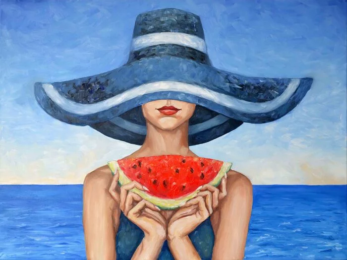 Anticipation - My, Summer, Oil painting, Modern Art, Painting, Painting, Artist, Watermelon, Portrait, Art, Sea, Girls, Acrylic, Blue, Watercolor, Digital, Beautiful face