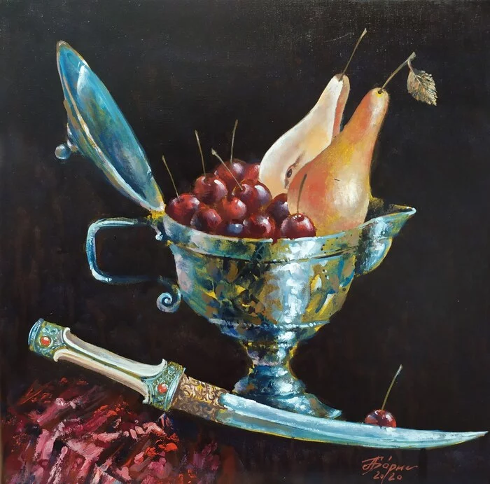 Painting Still life with a cut pear 30 * 30 canvas, tempera. Author Andrey Boris - My, Painting, Still life, Art, Painting, Fantasy, Pear, Modern Art