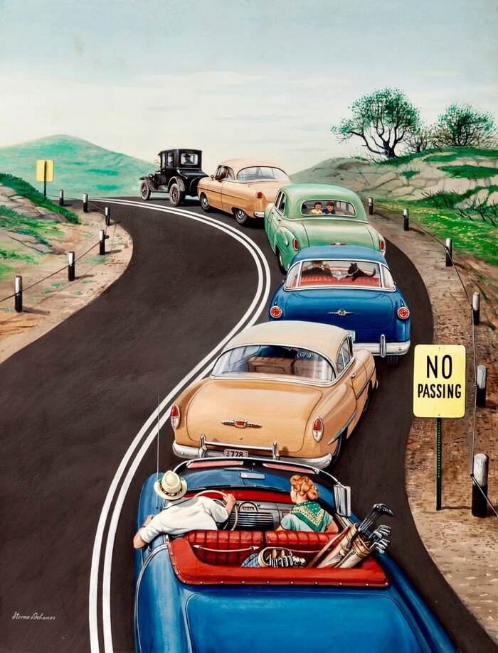 Yes, who is crawling there like a pregnant cockroach! - Art, Auto, Ford, Road, Drawing, USA, 50th
