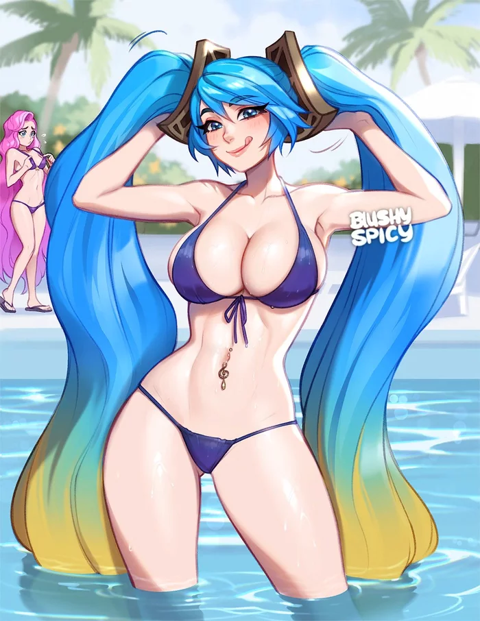 Sona reveals why she is better than Serafina - NSFW, League of legends, Sona, Seraphine, Art, Erotic, Swimsuit, Games, BlushyPixy