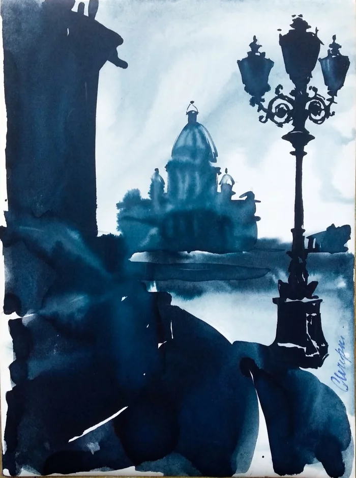 View of St. Isaac's Cathedral. Wet graphics - My, Graphics, Ink, Landscape, Saint Petersburg, Saint Isaac's Cathedral, Traditional art, Drawing