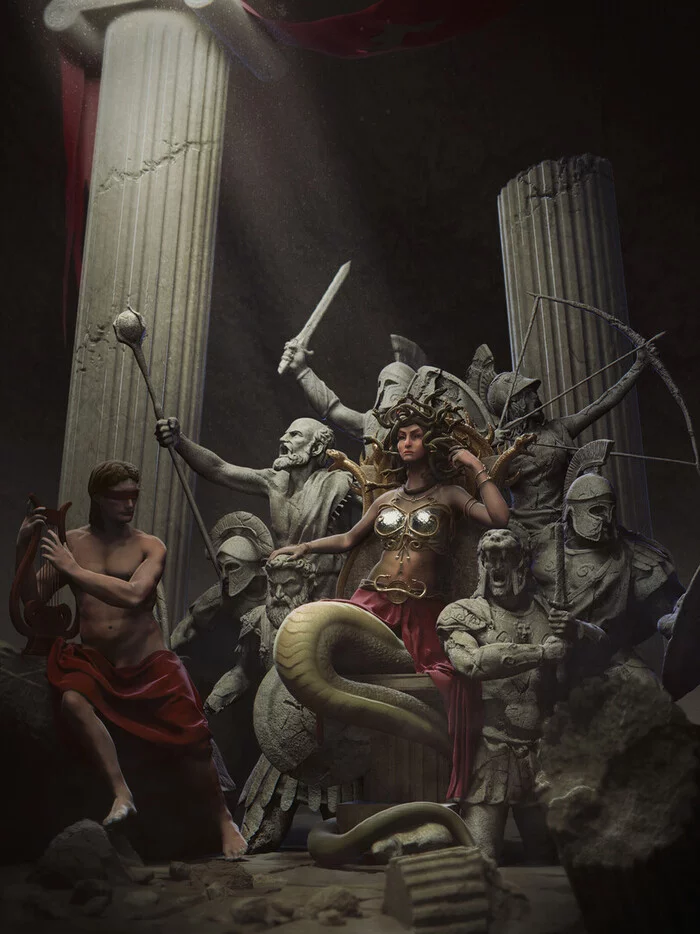 Throne of the Gorgon by Reza Sedghi - Medusa Gorgon, 3D, Art, Mythology, Ancient greek mythology