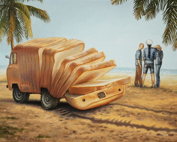 Surrealism. Lisa Ray - On a loaf to the sea - My, Lisa Ray, Surrealism, Creative, Painting, Painting, the USSR, UAZ loaf, Vacation