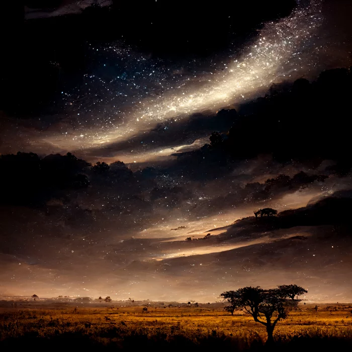 Night landscapes from a neural network - Art, Нейронные сети, Computer graphics, Midjourney, Images, Artificial Intelligence, Stars, Planet, Galaxy, Universe, Astronomy, Milky Way, Starry sky, Land, Longpost