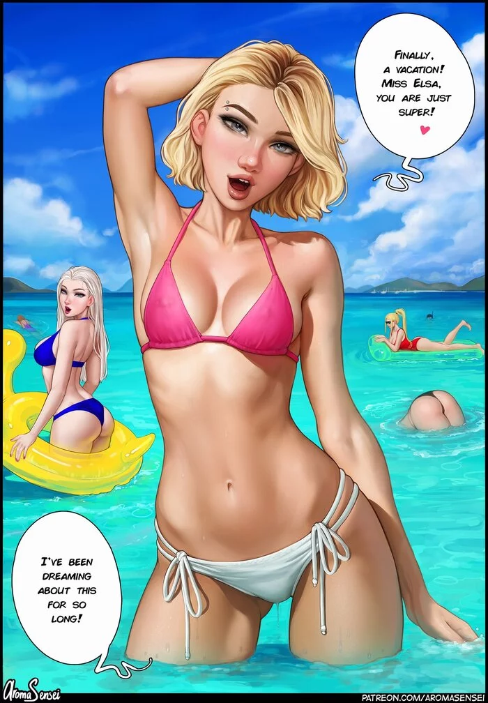 Continuation of the post Hot holidays in the company Frozen  - NSFW, Girls, Aromasensei, Comics, Hand-drawn erotica, Swimsuit, Gwen Stacy, Elsa, Yorha unit No 2 type B, Boobs, Erotic, Translated by myself, Samus aran, Reply to post, Longpost