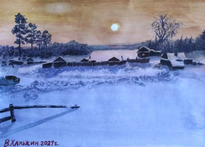 Painting of the Khanzhin family - My, Art, Painting, Watercolor, Painting, Winter, Landscape, Painting