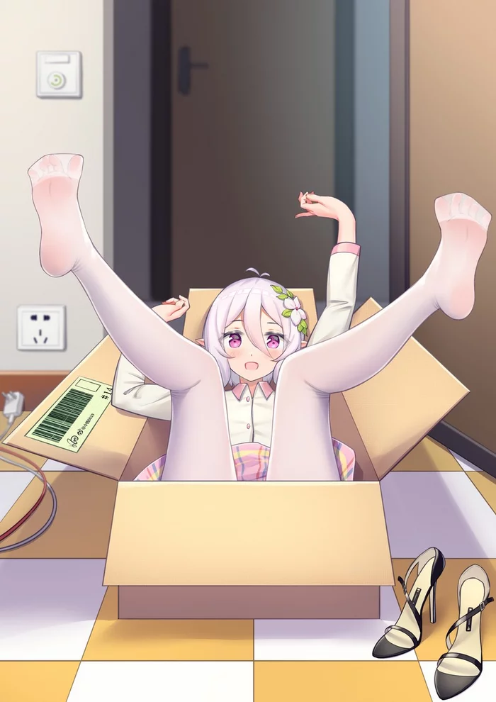 Your parcel has arrived - Anime, Anime art, Princess Connect! Re: Dive, Kokkoro, Package, Tights, Foot fetish, Legs, Elves