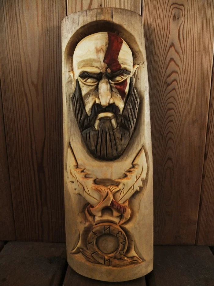 God of War (Mask) - My, Game art, Games, God of war, God of War 2: Ragnarok, Playstation, Decorative arts, Art, Painting, Art, Sculpture, Cutting out, Wood carving, Treatment, Scandinavian mythology
