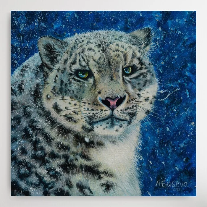 Snow Leopard - My, Leopard, Blue, Acrylic, Snow Leopard, Snow, Winter, Animalistics