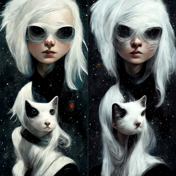 Here's what I got when I asked for a girl with white hair and a black and white cat in space - My, Midjourney, Art, Digital drawing, Нейронные сети, Girls, cat, Longpost, Mat