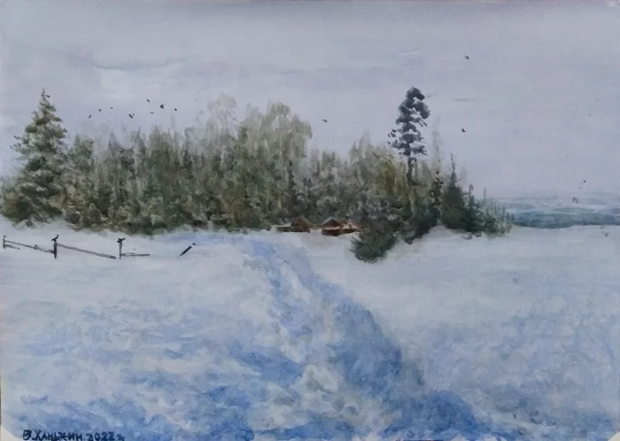 Painting of the Khanzhin family - My, Painting, Watercolor, Art, Landscape, Painting, Winter, February, Snow, House, 2022, Cold